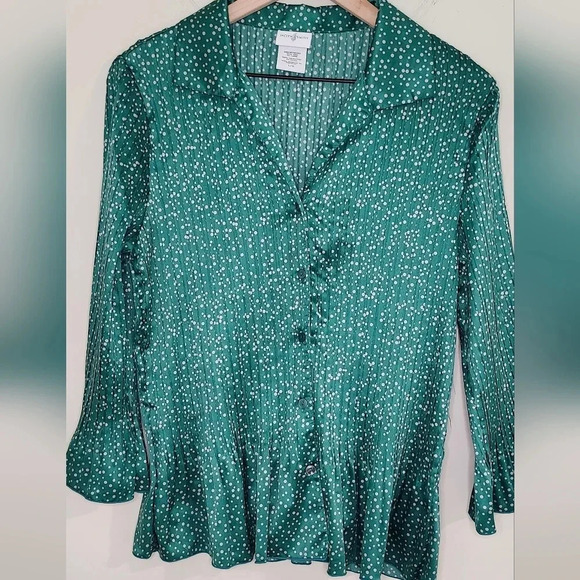 VTG Jaclyn Smith Womens‎ Satin Plisse Top Size Large Green Gray Blouse Retro - Picture 9 of 9